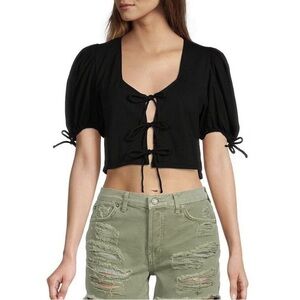 NWOT Free People Black Puff Sleeve Tie in Front Top